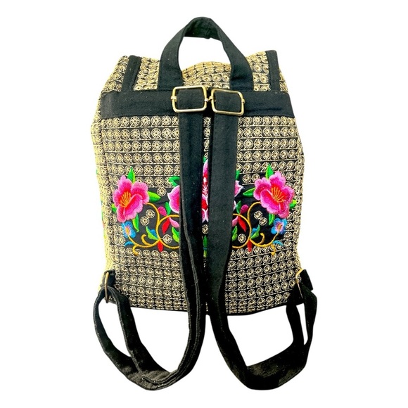 Boho Hippie Gypsy Embroidered Art to Wear Floral Cinch Sack Backpack Handbag - Picture 4 of 10